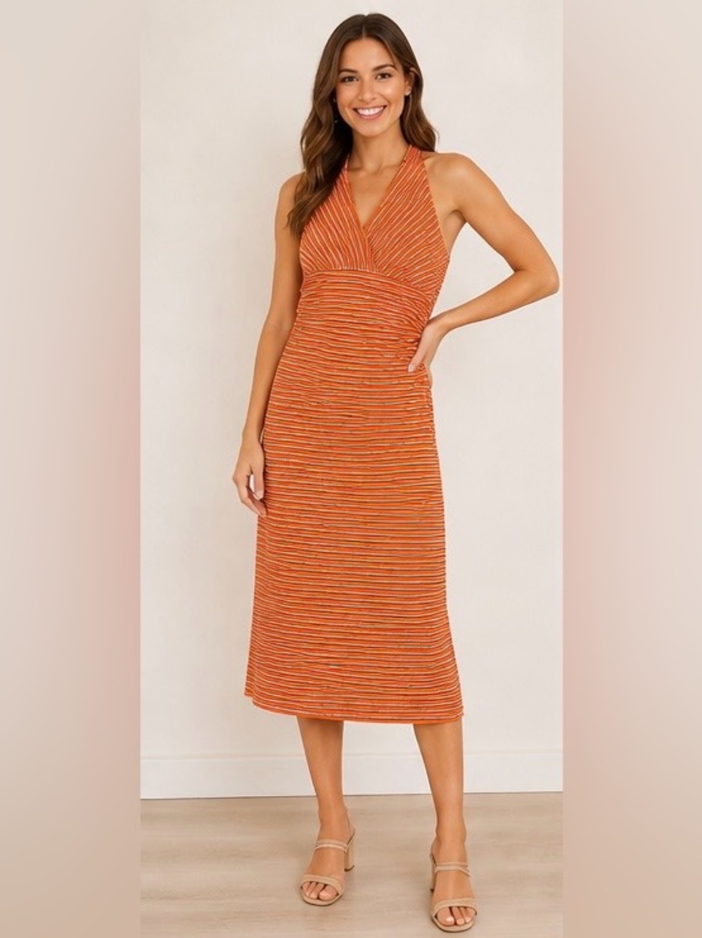 Pilcro by Anthropologie Orange Striped Halter Midi Dress| XL| ruched stretch